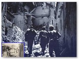 Luglio 1944 - Due soldati alleati ed un partigiano risalgono verso il castello. In basso la stessa foto esposta nello stesso luogo dal 25 aprile 2005. (Foto Artam-V Armata USA)